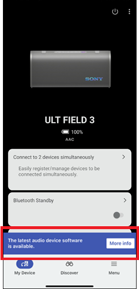 La pantalla de mensajes aparece en la parte inferior de la pantalla de la aplicación, con un botón [Más información] en el extremo derecho.