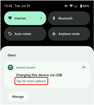 Image of expanded Android System notification. Tap "Tap for more options".