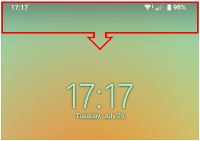 Image of an Xperia Home screen. Using your finger, swipe down from the top of your phone screen to access the status bar.