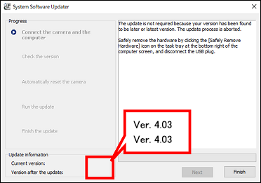 De [Current version] (Huidige versie) en de [Version after the update] (Versie na de update) worden weergegeven als 4.03 linksonder in het scherm.