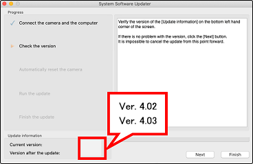 The [Current Version] on the lower left of the screen is showing 4.02 or earlier, and the [Version after the update] is showing 4.03.