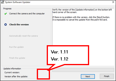 [Current Version] (Versiunea curentă) din partea din stânga jos a ecranului afișează 1.11 sau anterioară, și se afișează [Version after the update] (Versiune după actualizare) 1.12