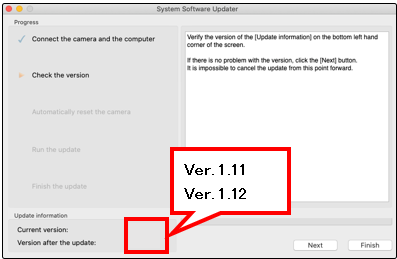 Die [Current Version] (Aktuelle Version) auf der unteren linken Seite des Bildschirms zeigt 1.11 oder früher, und die [Version after the update] (Version nach dem Update) zeigt 1.12