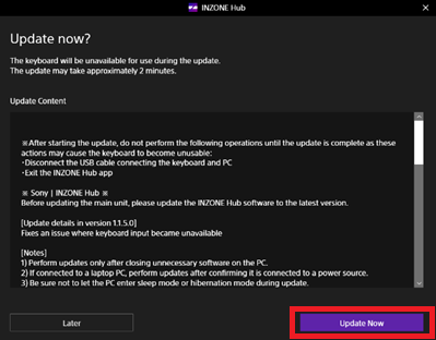 Екран [Update now?] (Да се ажурира сега?). Кога ќе ја прочитате содржината на ажурирањето, лизгајте надолу користејќи го лизгачот на десната страна од екранот. Кога ќе стигнете до дното, може да кликнете или на копчето [Later] (Подоцна) во долниот лев агол или на копчето [Update Now] (Ажурирај сега) во долниот десен агол на екранот.