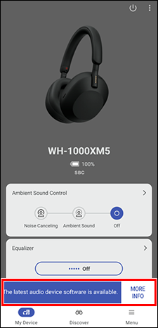 Nếu có bản cập nhật, một thông báo nhắc bạn cập nhật firmware và nút [MORE INFO] ([THÔNG TIN THÊM]) sẽ hiển thị ở cuối màn hình.