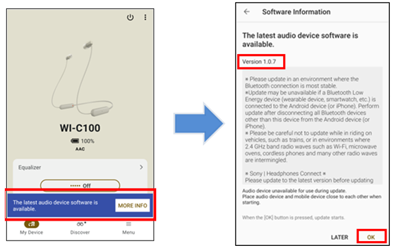Sound Connect app screen images. The first image shows a message prompting you to update the firmware and the [MORE INFO] button at the bottom of the screen, and the second image shows the new software version with [OK] buttons at the bottom right of the screen.