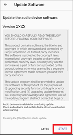 [Update the audio device software] screen will appear, [START] is located in the lower right corner of the screen.