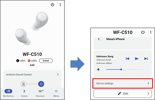 Sony | Sound Connect 앱 화면 이미지 첫 번째 이미지는 앱의 [My Device(내 장치)] 화면을 보여줍니다. 두 번째 이미지는 같은 화면을 아래로 스크롤하여 화면 아래에 [Device settings(장치 설정)]가 표시된 것을 보여줍니다.