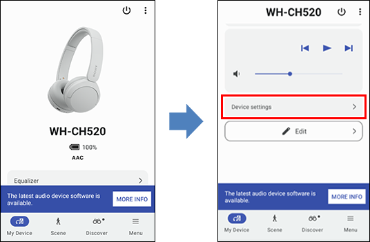 Sony | Imágenes de pantalla de la aplicación Sound Connect. La primera imagen muestra la pantalla [Mi dispositivo] de la aplicación. La segunda imagen muestra la misma pantalla desplazada hacia abajo, con [Configuración del dispositivo] en el centro vertical de la pantalla.