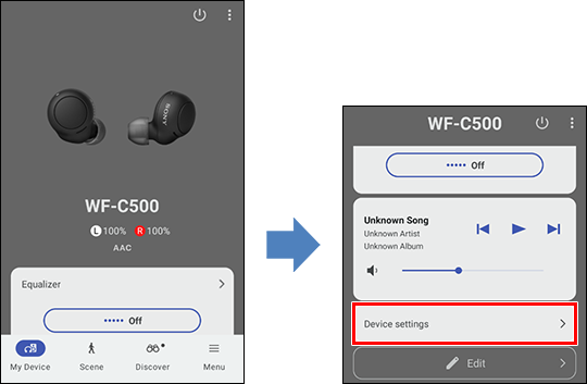 Sony | Sound Connect app screen images. The first image shows the [My Device] screen of the app. The second image shows the same screen scrolled down, with [Device settings] displayed at the bottom of the screen.