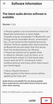 There are [LATER] and [OK] buttons at the bottom right of the screen.