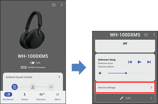 Hình ảnh màn hình ứng dụng Sony | Sound Connect. Hình ảnh đầu tiên hiển thị màn hình [My Device] ([Thiết bị của tôi]) của ứng dụng. Hình ảnh thứ hai hiển thị cùng màn hình đó khi cuộn xuống, với [Device settings] ([Cài đặt thiết bị]) được hiển thị ở cuối màn hình.
