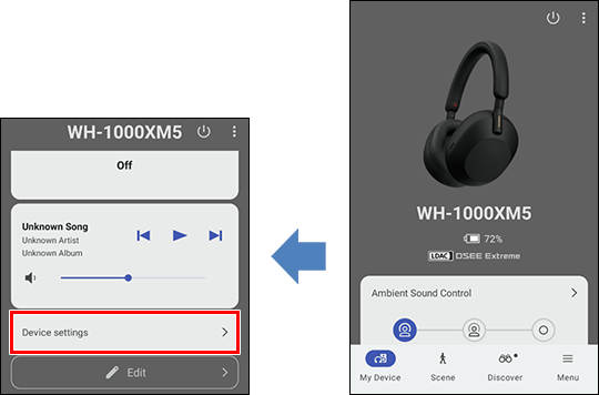 صور شاشة تطبيق Sony | Sound Connect. تُظهر الصورة الأولى شاشة [My Device (جهازي)] في التطبيق. تُظهر الصورة الثانية الشاشة نفسها بعد التمرير لأسفل، مع عرض [Device settings (إعدادات الجهاز)] في أسفل الشاشة.