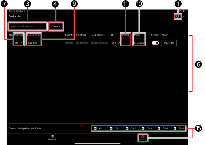 Device Selection Window on an iPad. Items are labeled 1 to 15. Refer to the following for details.