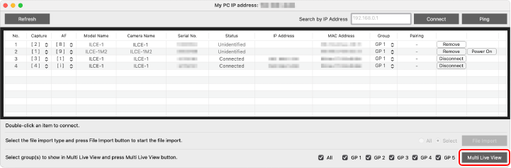 Device Selection Window showing information for multiple connected cameras. The [Multi Live View] button at the bottom right of the window is highlighted.