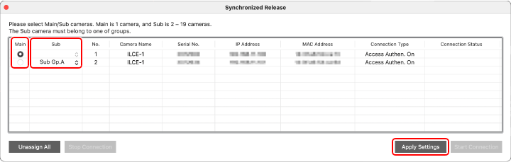 Synchronized Release settings window. The [Apply Settings] button at the bottom right of the window is highlighted.