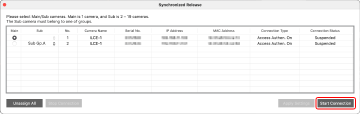 Synchronized Release settings window showing information on the main camera and a sub-camera. The [Start Connection] button at the bottom right of the window is highlighted.