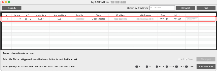 Device Selection Window showing camera information.