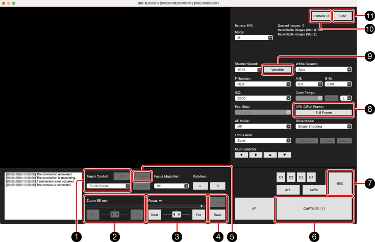 Camera control window in Single Live View mode. Items are labeled 1 to 11. Refer to the following for details.