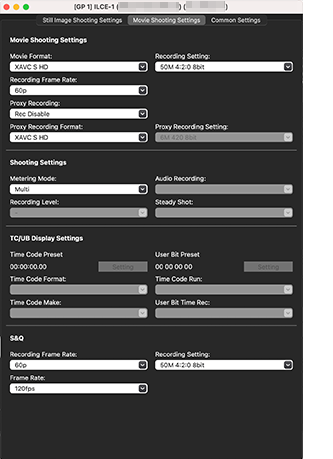 Movie Shooting Settings in Function window.