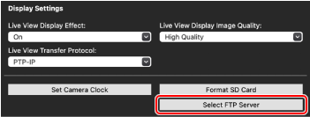 Common Settings window on ILCE-9M2. The [Select FTP Server] button at the bottom right of the window is highlighted.