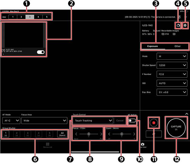 Camera control window on iPad. Items are labeled 1 to 12. Refer to the following for details.