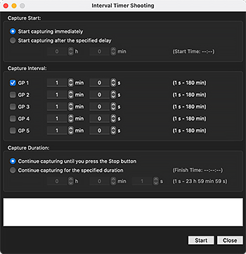 Interval Timer Shooting settings window.