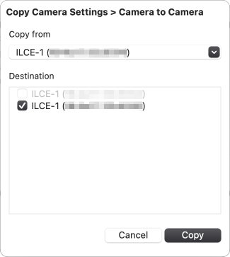 Dialog box for copying camera settings from camera to camera