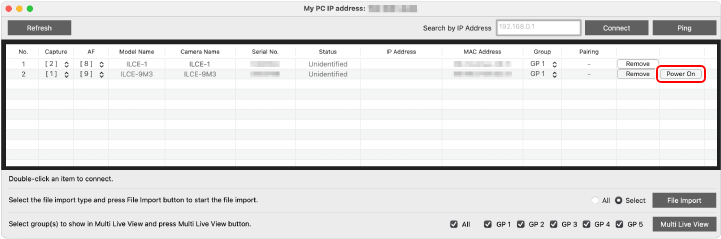 Device Selection Window showing camera information. The [Power On] button is highlighted.