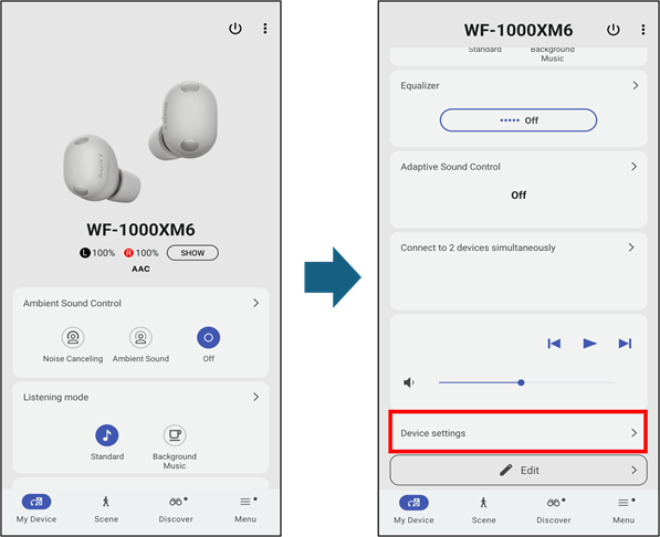Sony | Sound Connect app screen images. The first image shows the [My Device] screen of the app. The second image shows the same screen scrolled down, with [Device settings] displayed at the bottom of the screen.