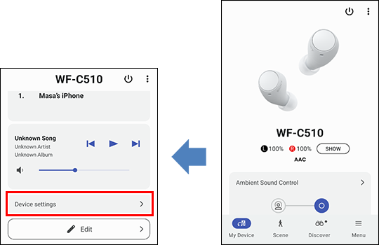 صور شاشة تطبيق Sony | Sound Connect. تُظهر الصورة الأولى شاشة [My Device (جهازي)] في التطبيق. تُظهر الصورة الثانية الشاشة نفسها بعد التمرير لأسفل، مع عرض [Device settings (إعدادات الجهاز)] في أسفل الشاشة.