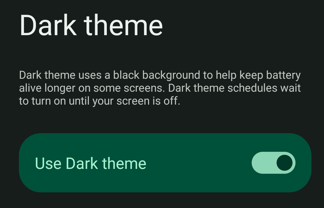 Image of the "Dark theme" settings screen with dark background and the "Use Dark theme" toggle switched to the right..