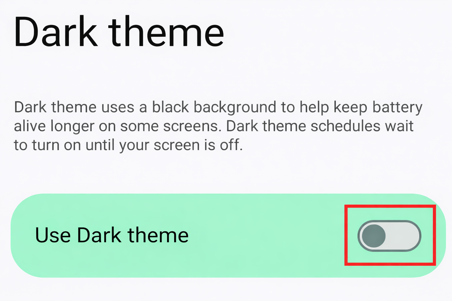 Image of the "Dark theme" settings screen with normal background and the "Use Dark theme" toggle in the left position.