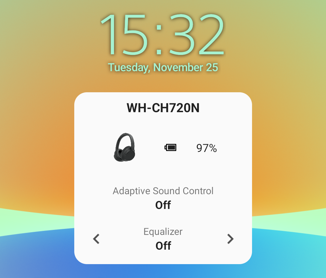 Smartphone home screen showing a Sound Connect widget with headphone model, battery level, Adaptive Sound Control disabled, and Equalizer status.