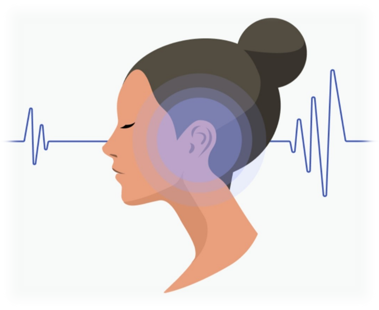 Illustration of a woman in profile with sound waves and concentric circles around her ear.