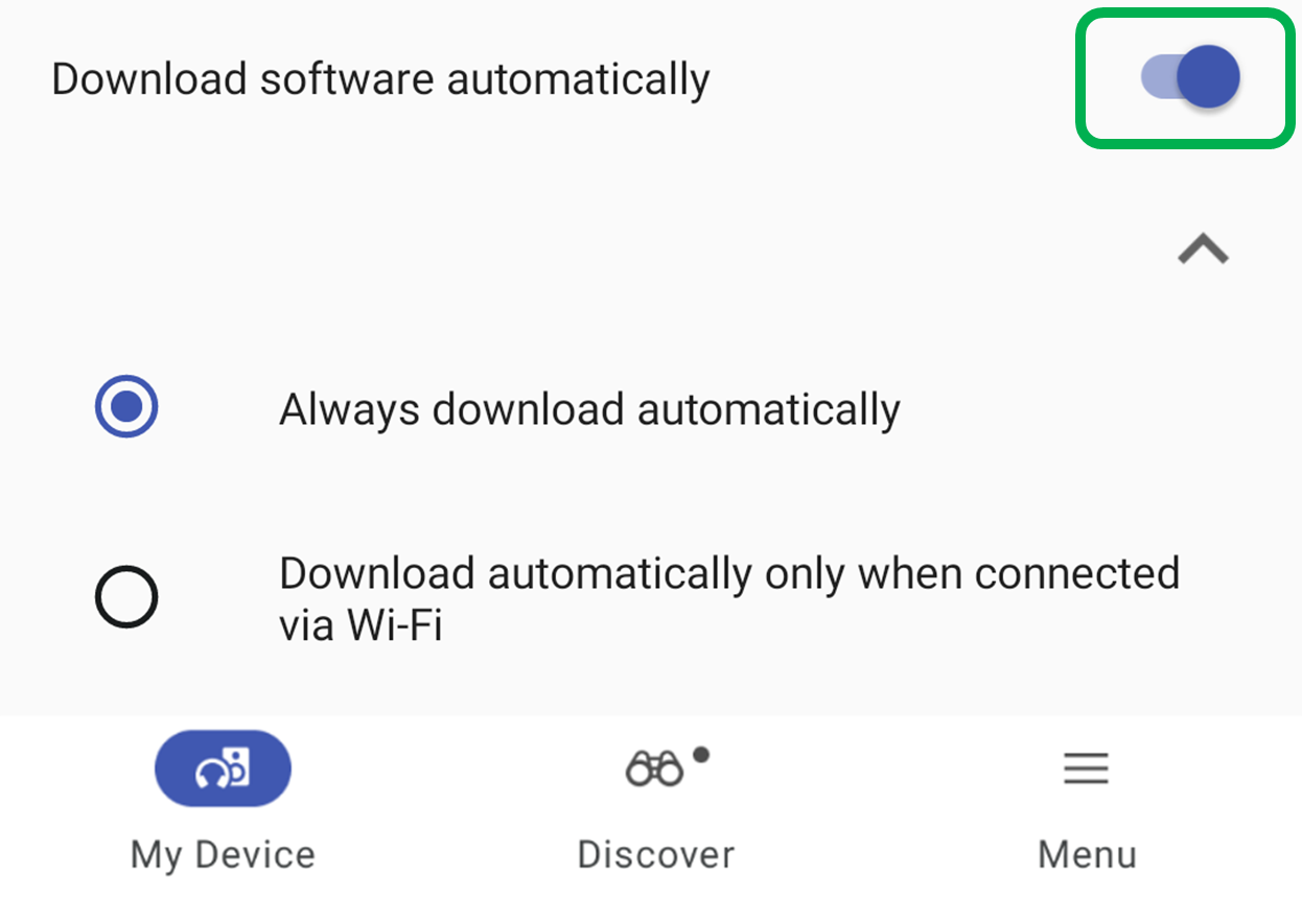 Sound Connect setting screen with “Download software automatically” enabled and download options listed.