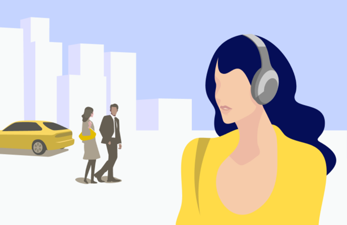 Illustration of a woman wearing headphones in a city scene with people walking in the background.