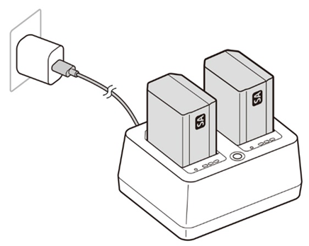 Ilustração do carregamento das baterias colocando-as num carregador de baterias e depois utilizar um cabo USB Type-C (compatível com USB PD) para ligar o carregador de baterias a uma fonte de alimentação externa (compatível com USB PD)