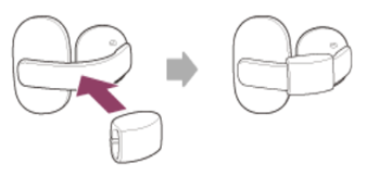 Das Bild zeigt das Anbringen der anpassbaren Polster am flexiblen Clip der Kopfhörer.