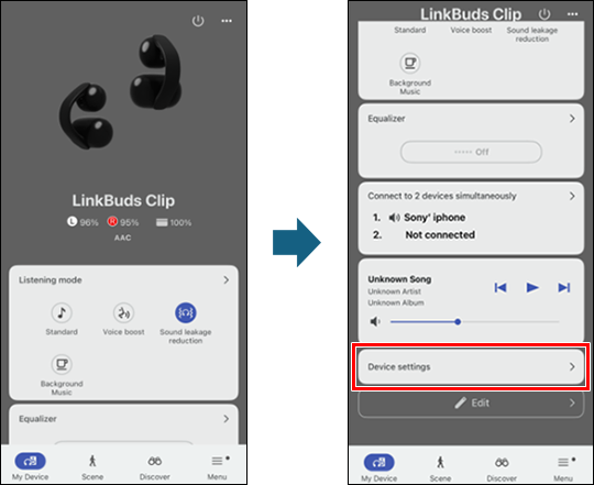 Posnetek zaslona aplikacije Sony | Sound Connect. Na prvi sliki je prikazan zaslon [My Device] (Moja naprava). Na drugi sliki je isti zaslon, na katerem se je uporabnik pomaknil navzdol. Na dnu zaslona je prikazana možnost [Device settings] (Nastavitve naprave).