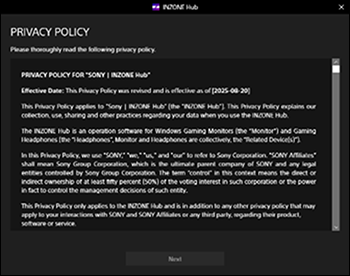 Bildschirm PRIVACY POLICY (DATENSCHUTZRICHTLINIE). Nachdem Sie den Inhalt gelesen haben, scrollen Sie mithilfe der Bildlaufleiste auf der rechten Seite des Bildschirms nach unten. Wenn Sie vollständig nach unten gescrollt haben, kann die Schaltfläche Next (Weiter) unten auf dem Bildschirm angeklickt werden.