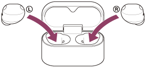 將耳機放入充電盒且球體造形部分朝上的影像