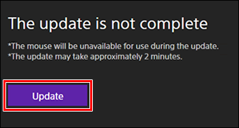  Ein Bildschirm mit der Meldung [The update is not complete] (Das Update wurde nicht abgeschlossen) und der Schaltfläche [Update] (Aktualisieren).