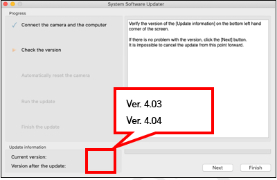 The [Current Version] on the lower left of the screen is showing 4.03 or earlier, and the [Version after the update] is showing 4.04.