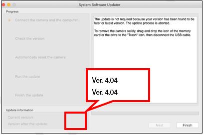 The [Current version] and [Version after the update] are displayed as 4.04 at the bottom left of the screen.