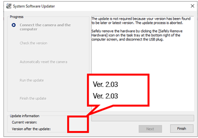 The [Current version] and [Version after the update] are displayed as 2.03 at the bottom left of the screen.
