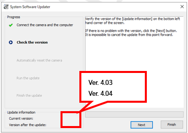 The [Current Version] on the lower left of the screen is showing 4.03 or earlier, and the [Version after the update] is showing 4.04.