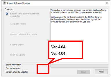 The [Current version] and [Version after the update] are displayed as 4.04 at the bottom left of the screen.