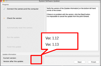 The [Current Version] on the lower left of the screen is showing 1.121.12 or earlier, and the [Version after the update] is showing 1.13.