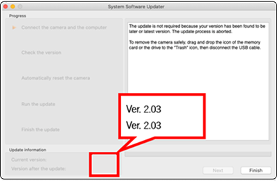 The [Current version] and [Version after the update] are displayed as 2.03 at the bottom left of the screen.